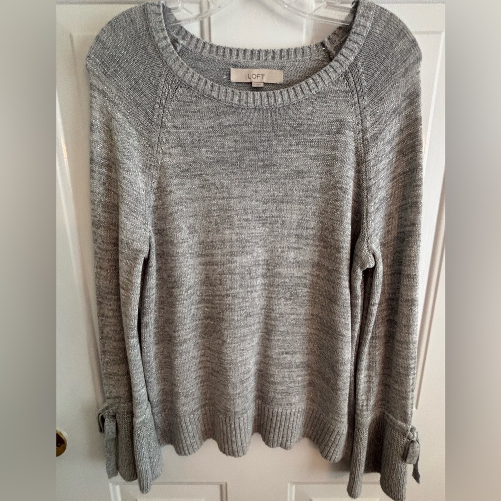 LOFT Gray Metallic Knit Sweater Medium with Tie Cuff Sleeves Women’s